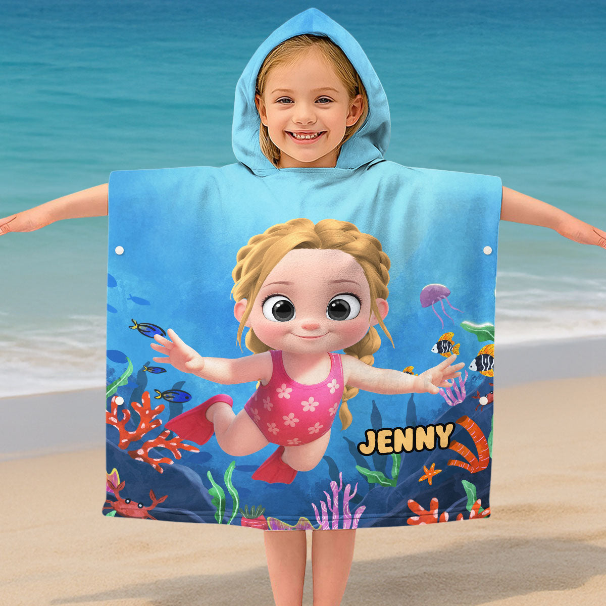 Cartoon Kid Character Marine  - Personalized Custom Hooded Beach Towel