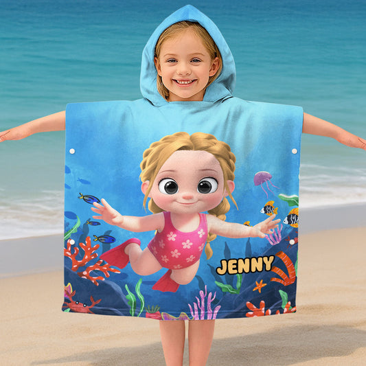 Cartoon Kid Character Marine  - Personalized Custom Hooded Beach Towel