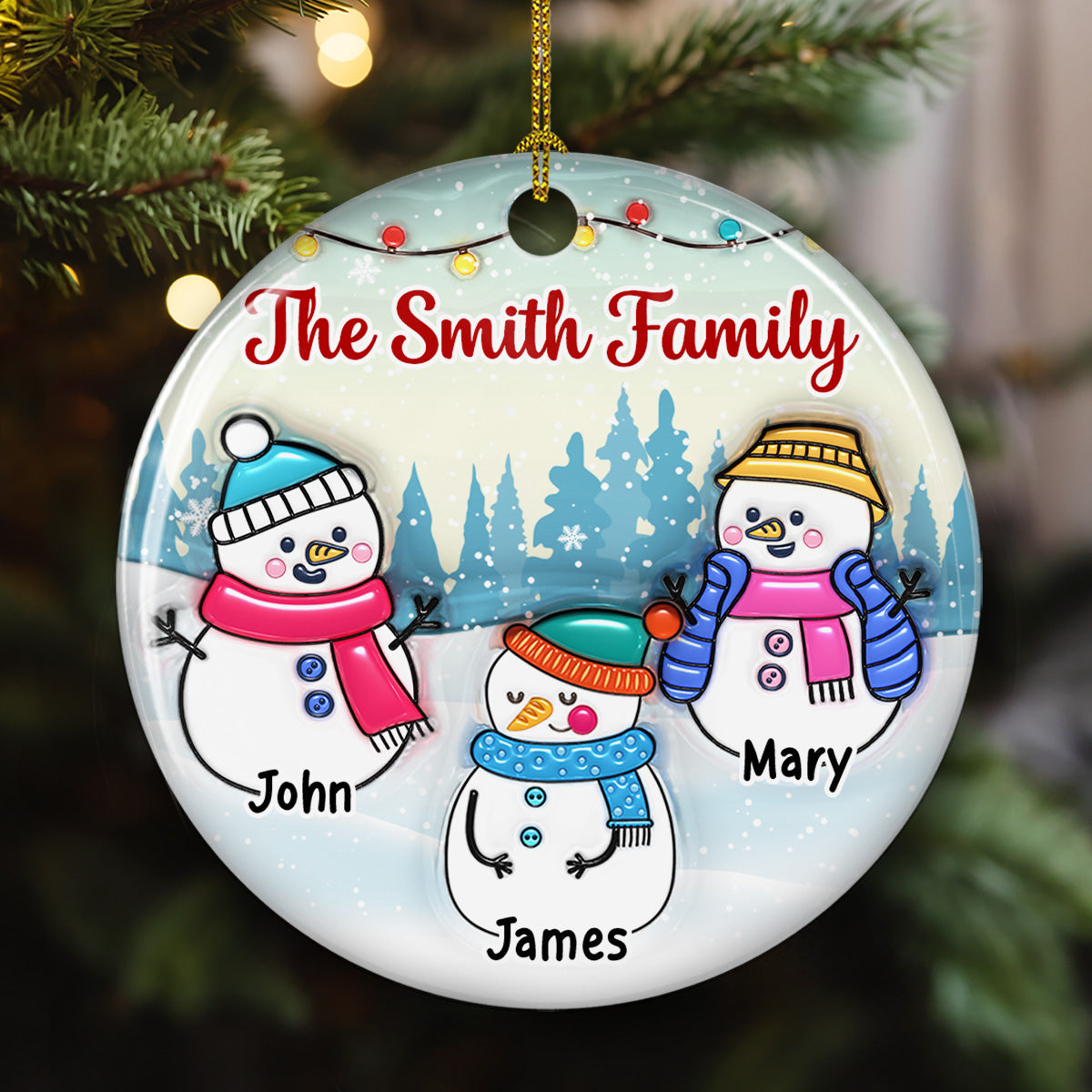 Snowman Family - Personalized Custom 3D Inflated Effect Ceramic Ornament
