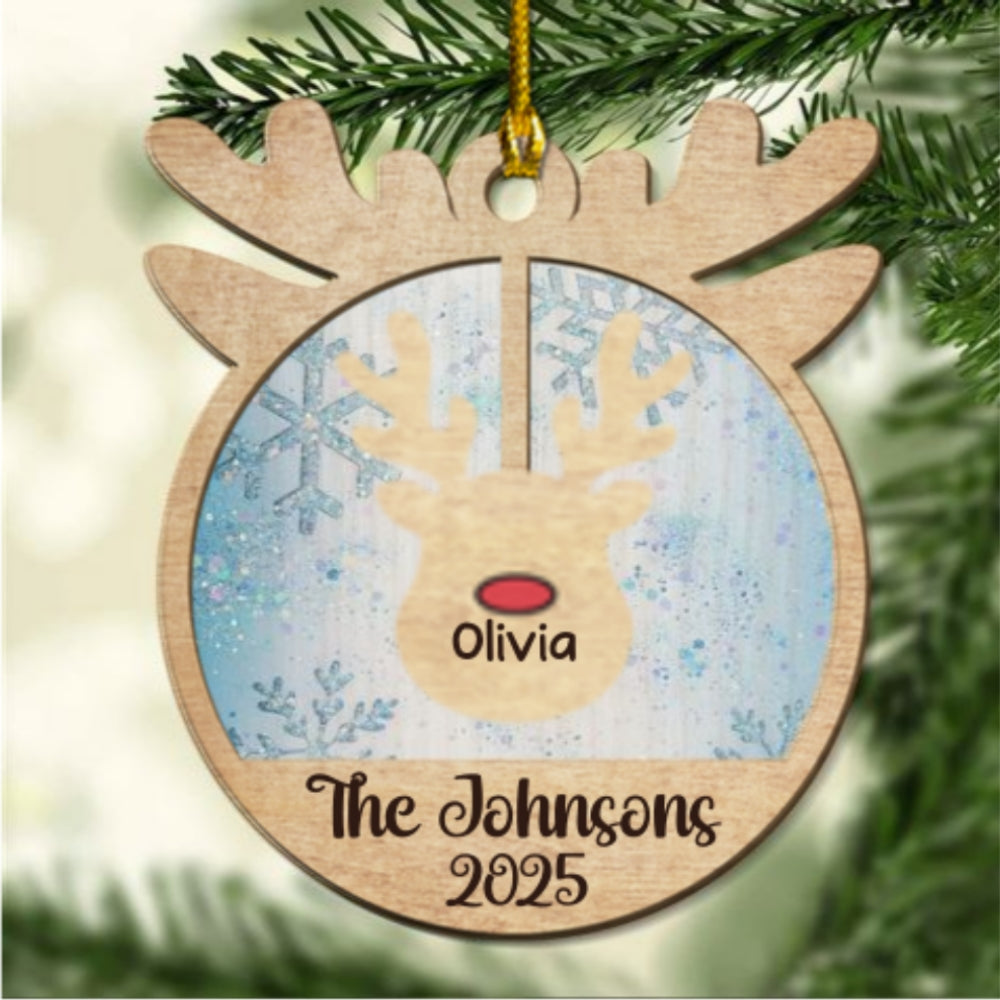 Reindeer Family Name - Personalized Custom 2-Layered Wood Ornament