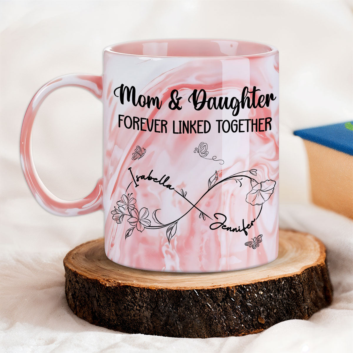Mom And Daughter Forever Linked Together - Personalized Custom Pink Marble Mug