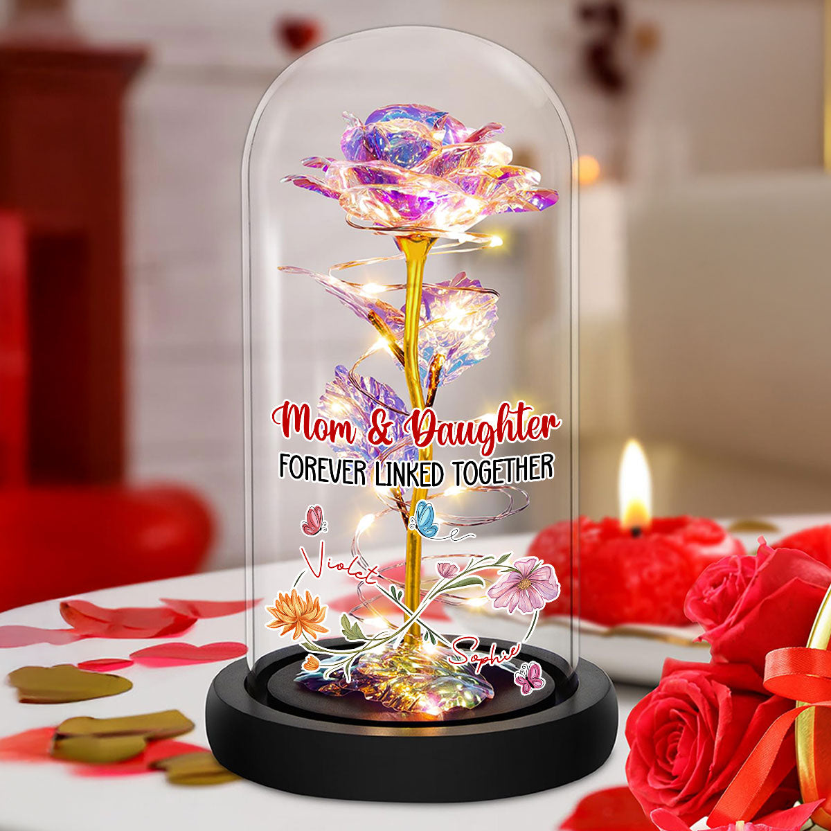 Mom And Daughter Forever Linked Together - Personalized Custom Sparkly Rose