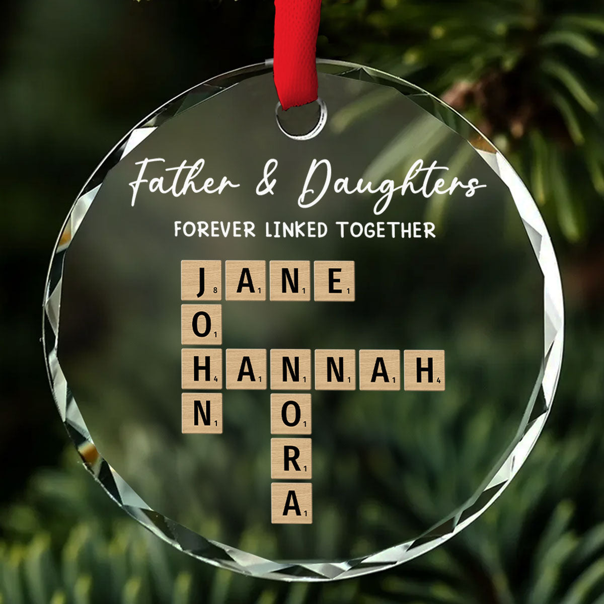 Father With Daughters Linked By Love - Personalized Custom Glass Ornament
