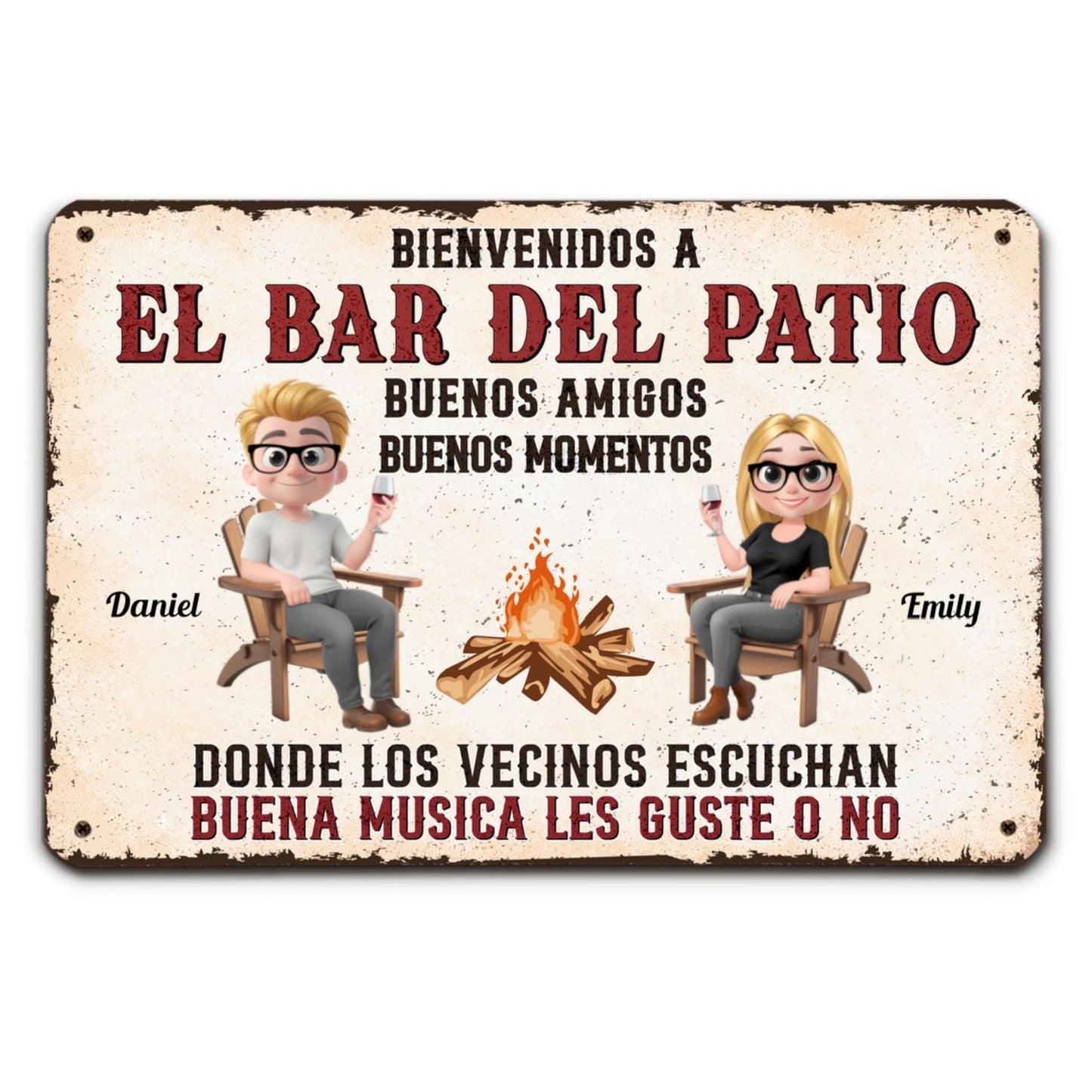 Parrillada en el patio y buena música â€?Letrero metálico personalizado
