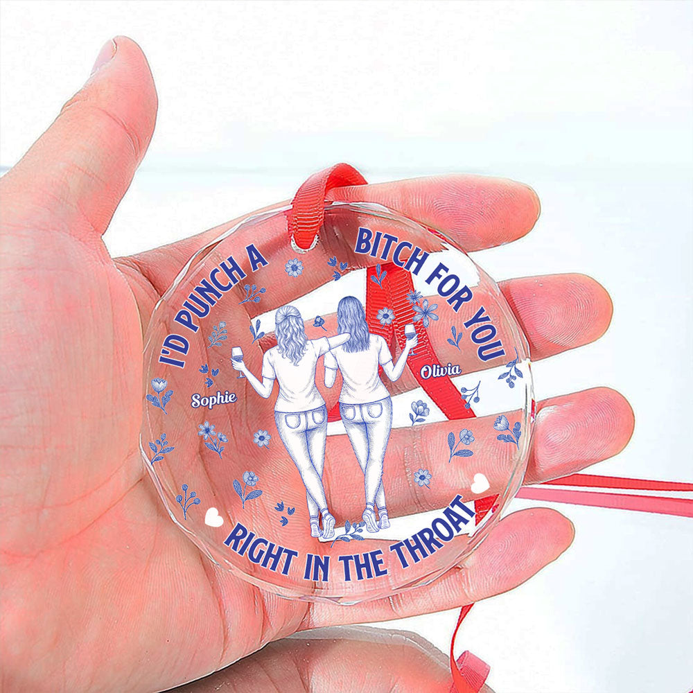 Punch Bitch Besties Blue Toile - Personalized Custom Glass Ornament