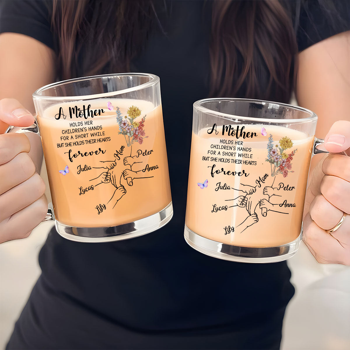 Mother Holds Her Children Heart Forever - Personalized Custom Glass Mug