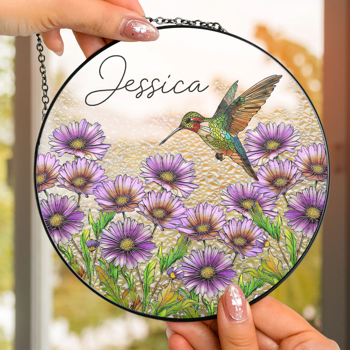 Hummingbird With Flower - Personalized Custom Window Hanging Suncatcher