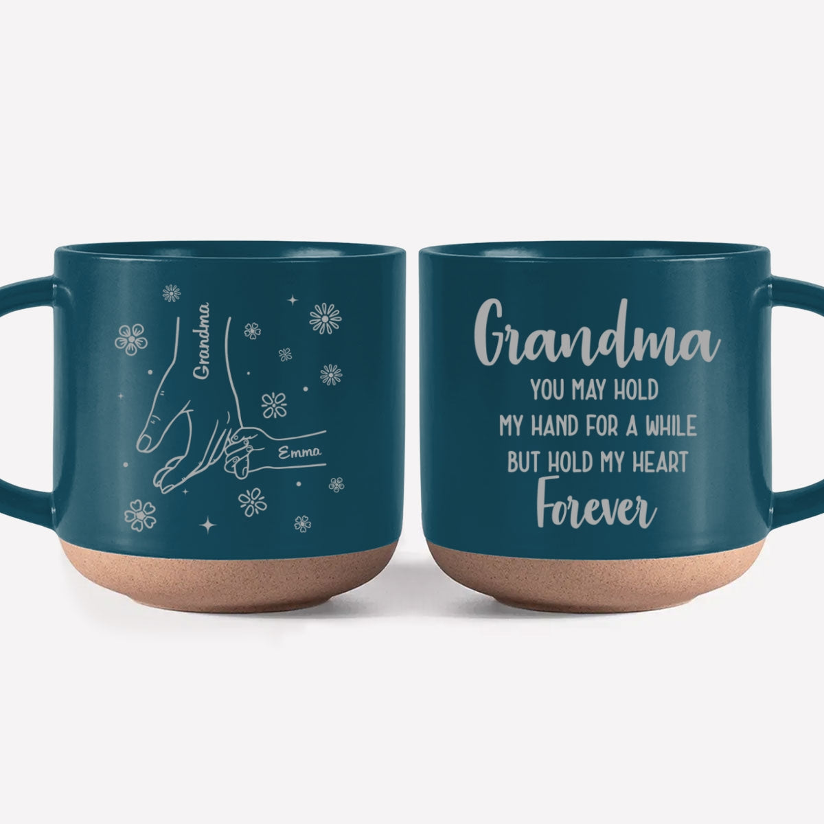 Grandma, You Hold Our Hands And Our Hearts Forever - Personalized Custom Engraved Pottery Mug
