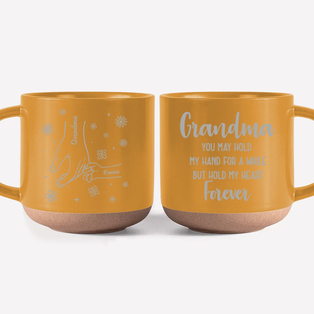 Grandma, You Hold Our Hands And Our Hearts Forever - Personalized Custom Engraved Pottery Mug