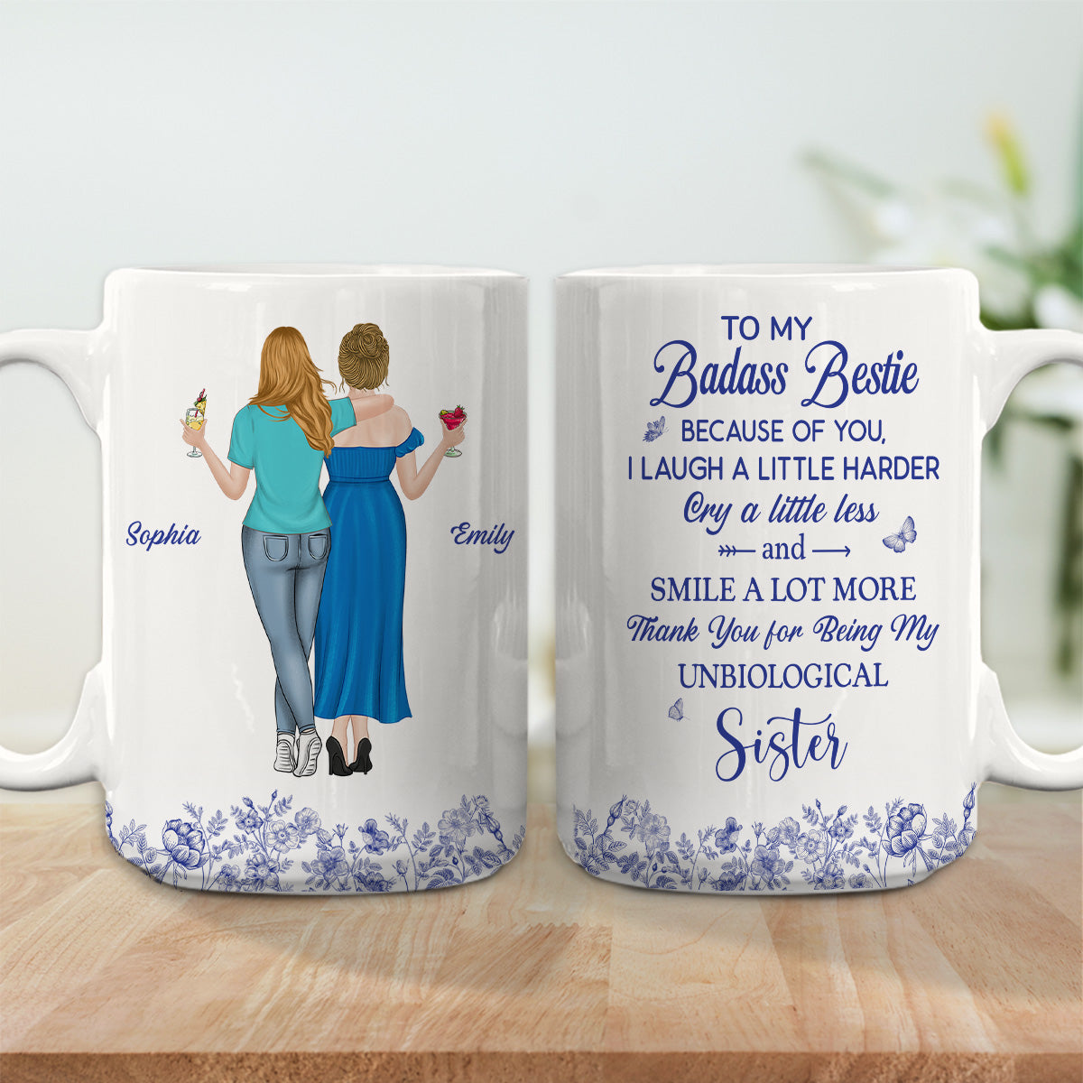 Thank You for Being My Sister Flower Toile - Personalized Custom Coffee Mug