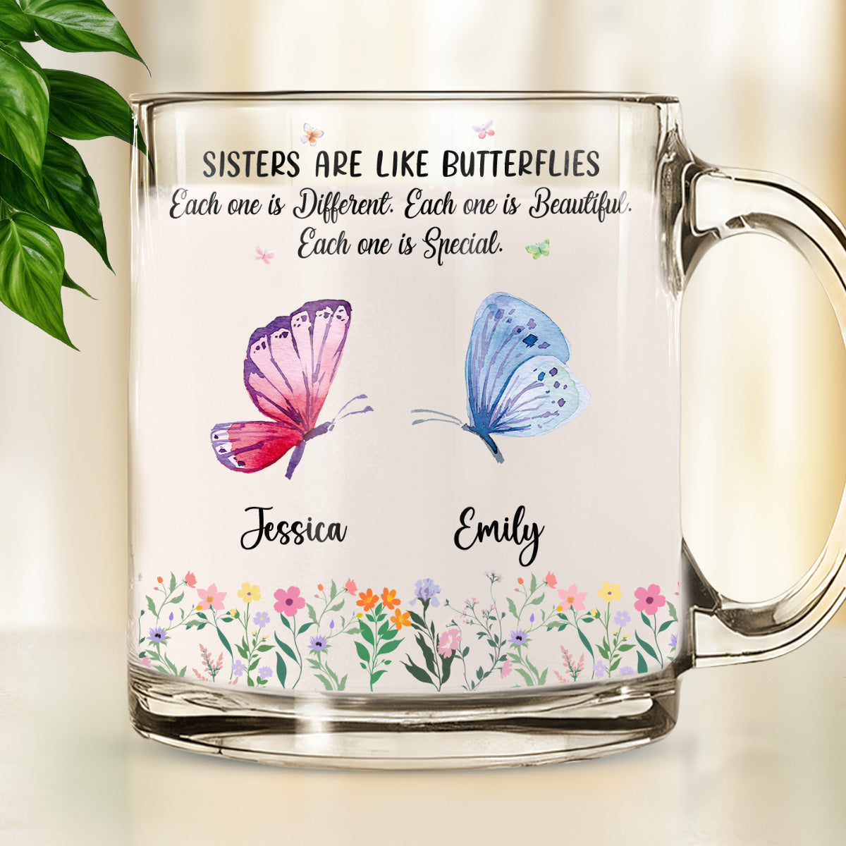 Sisters Flutter Through Life Beautifully - Personalized Custom Glass Mug