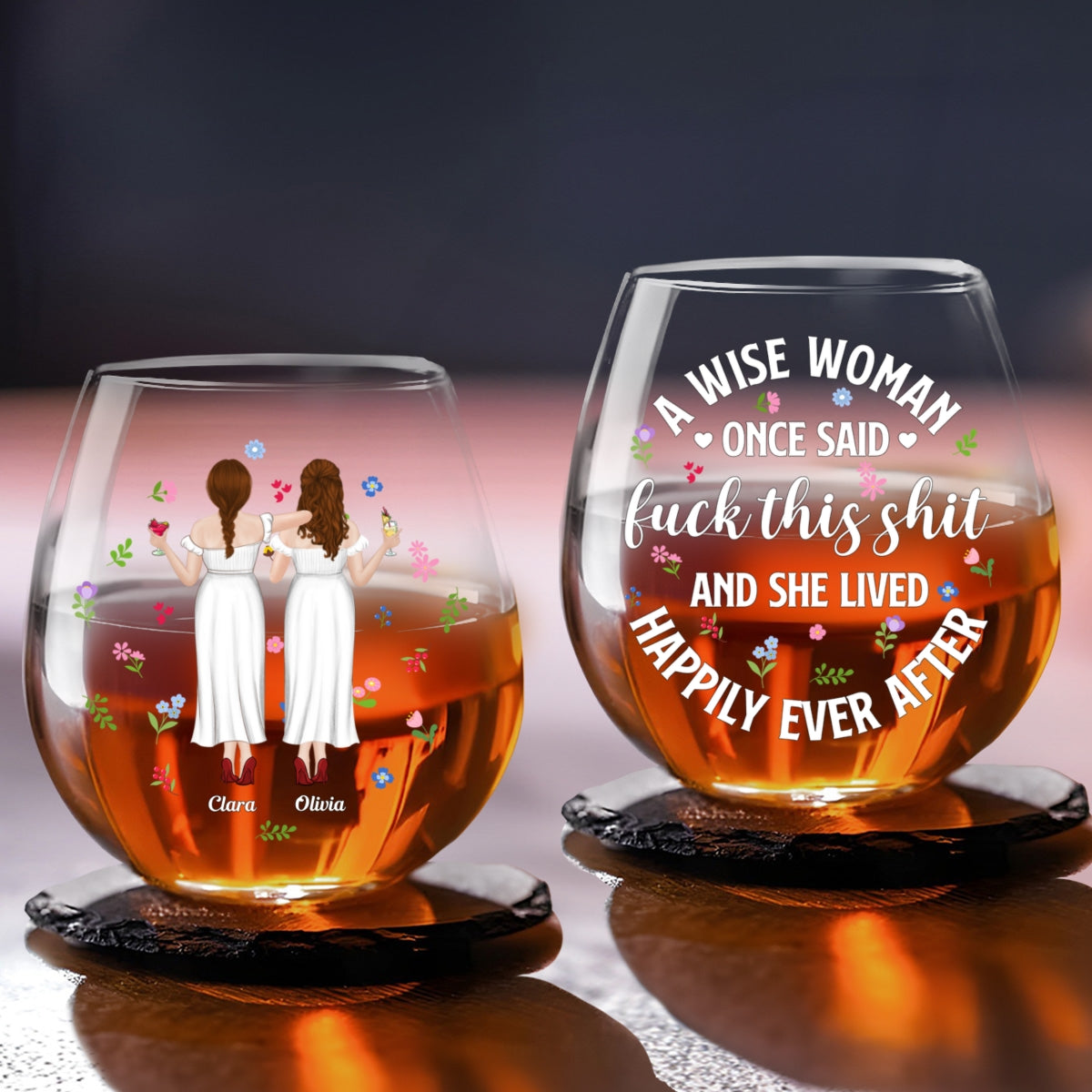 She Lived Happily Ever After - Personalized Custom Wine Glass