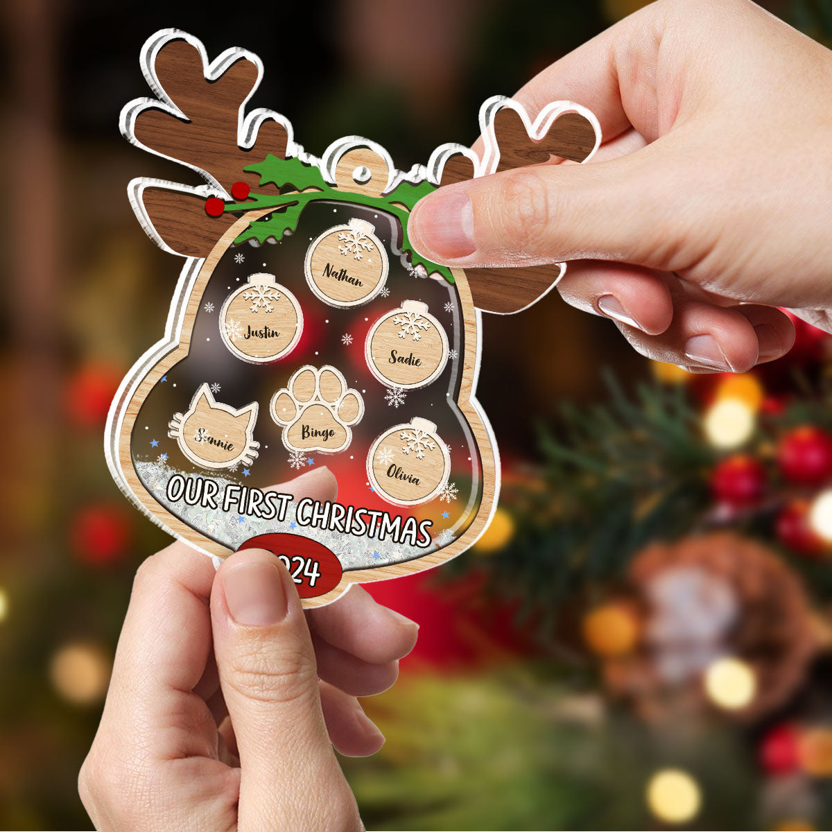 Lovely Reindeer Family - Personalized Custom Acrylic Shaker Ornament