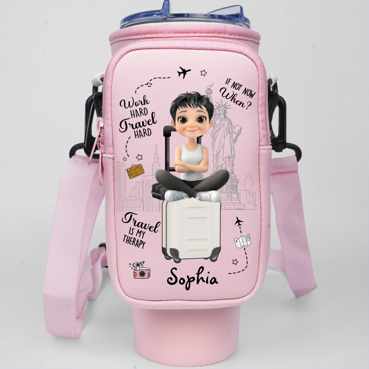 Work Hard Travel Hard - Personalized Custom 40oz Water Bottle Carrier Bag