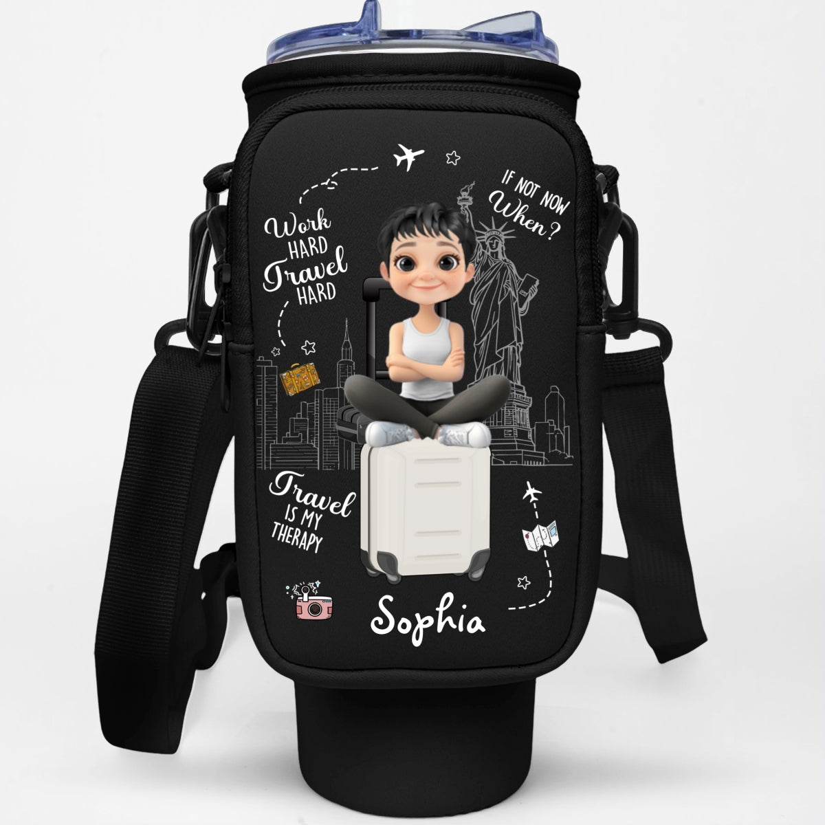 Work Hard Travel Hard - Personalized Custom 40oz Water Bottle Carrier Bag