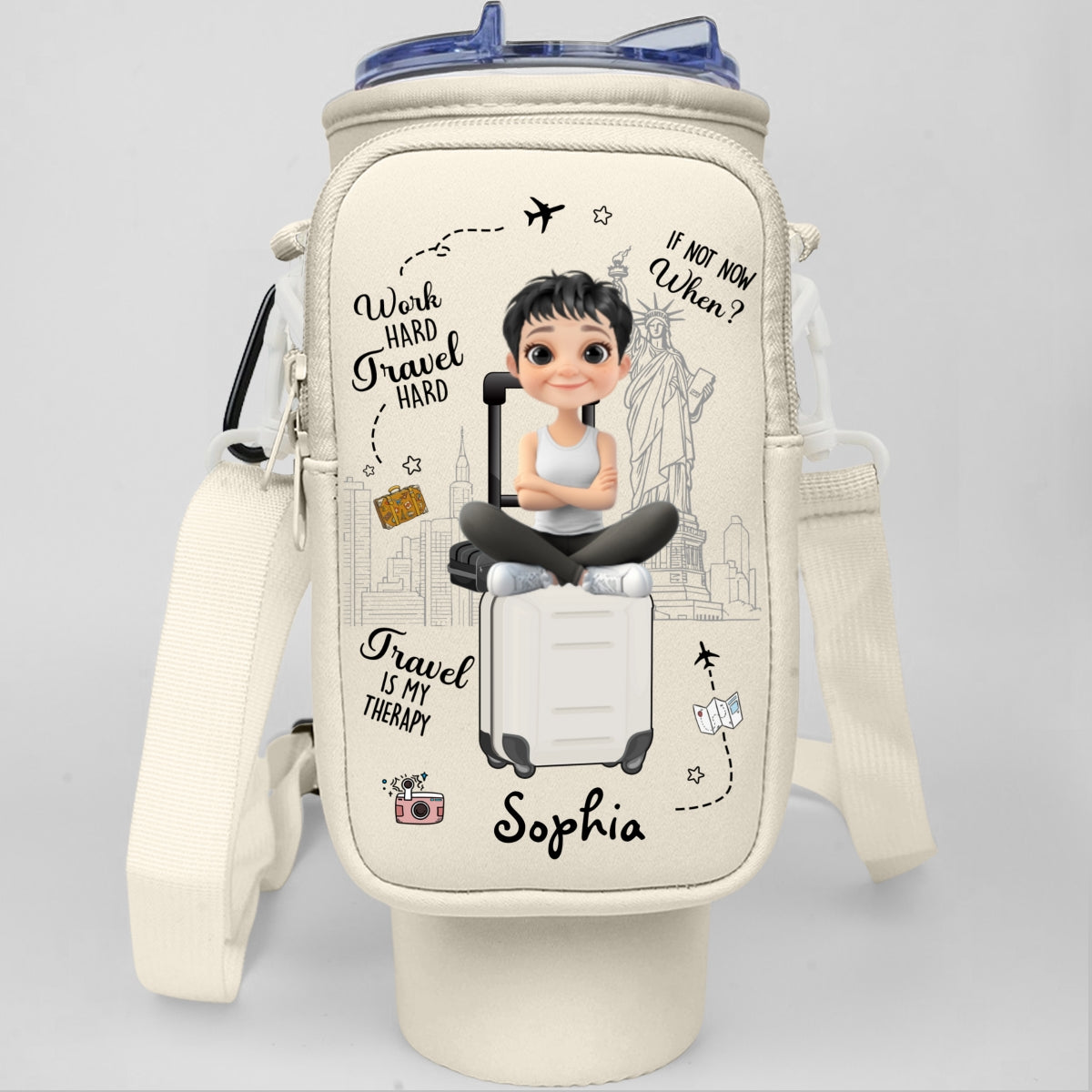 Work Hard Travel Hard - Personalized Custom 40oz Water Bottle Carrier Bag