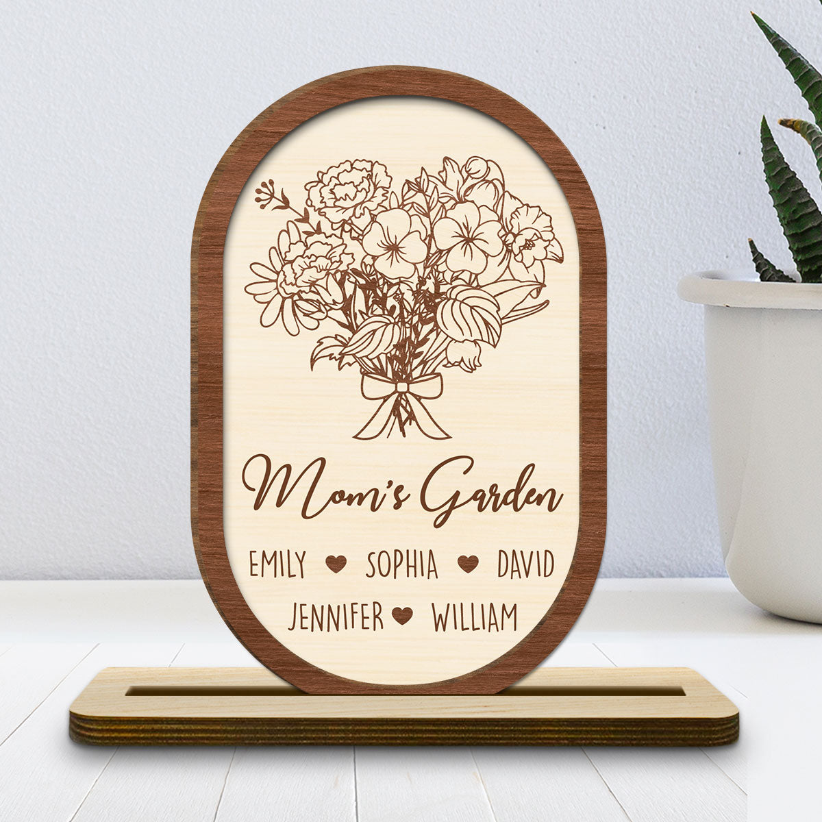 Floral With Family Names - Personalized Custom 2-Layer Wood Plaque With Flat Base