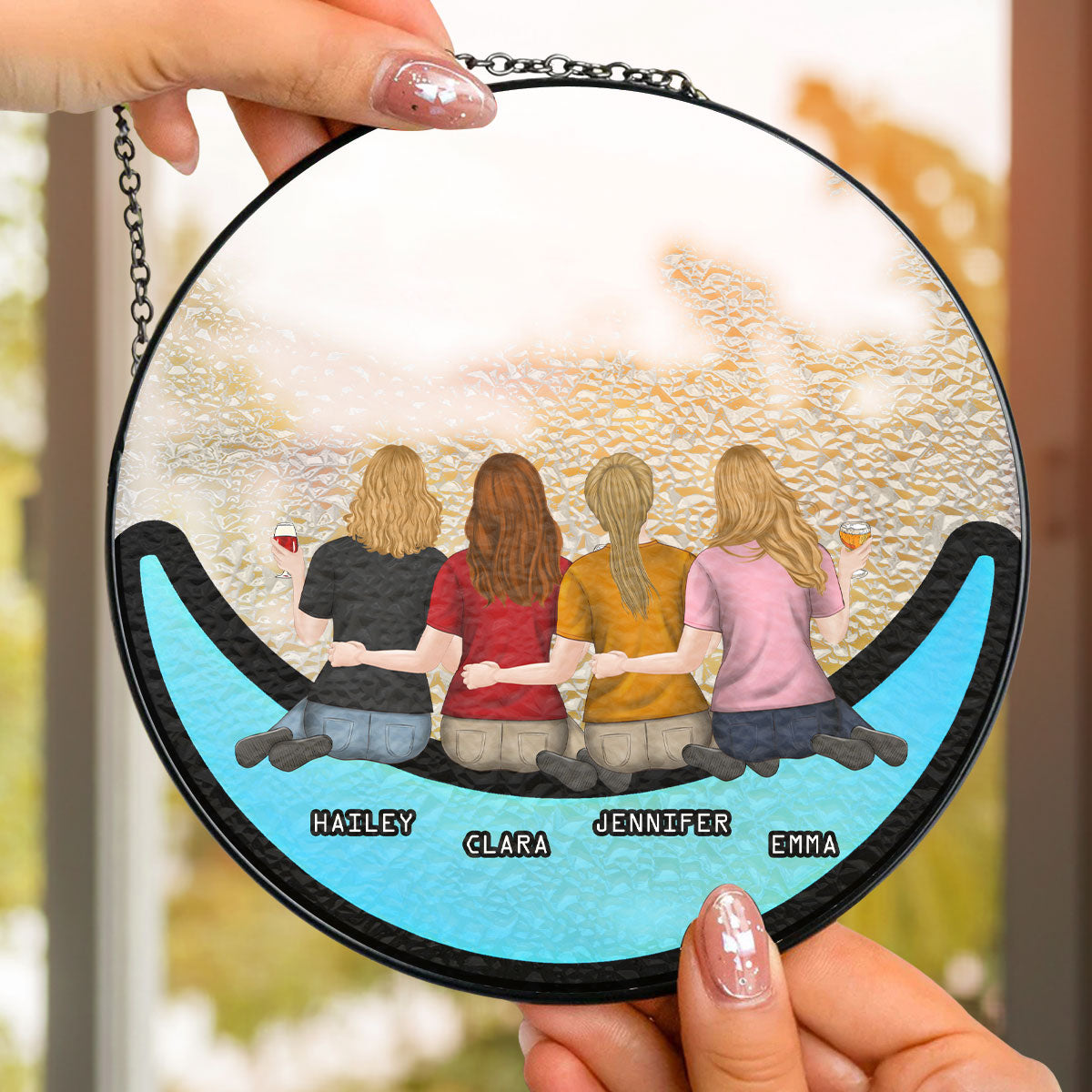 Friends Sitting On The Moon - Personalized Custom Window Hanging Suncatcher