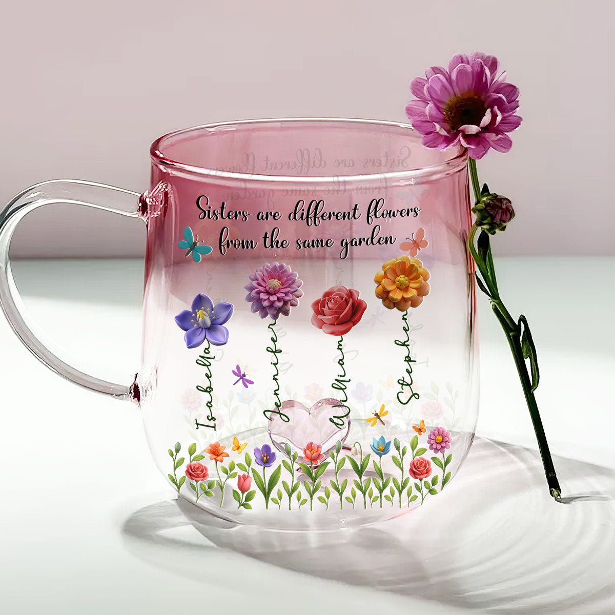 Sisters Are Flowers - Personalized Custom Pink Gradient Glass Mug