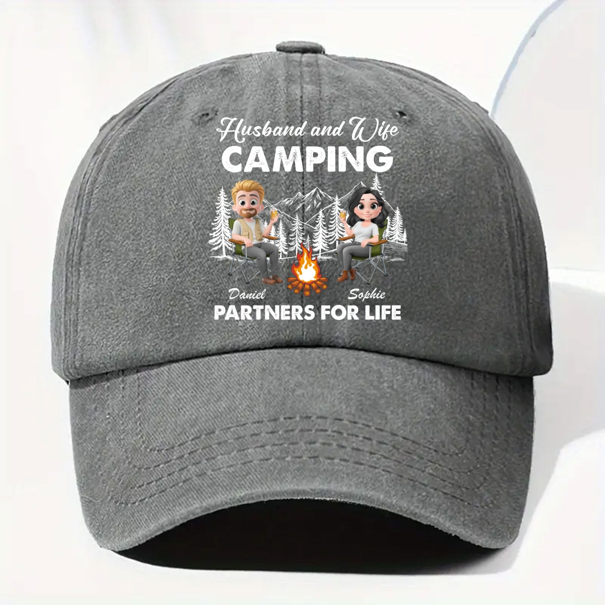 Husband And Wife Camping Life - Personalized Custom Vintage Washed Denim Cap