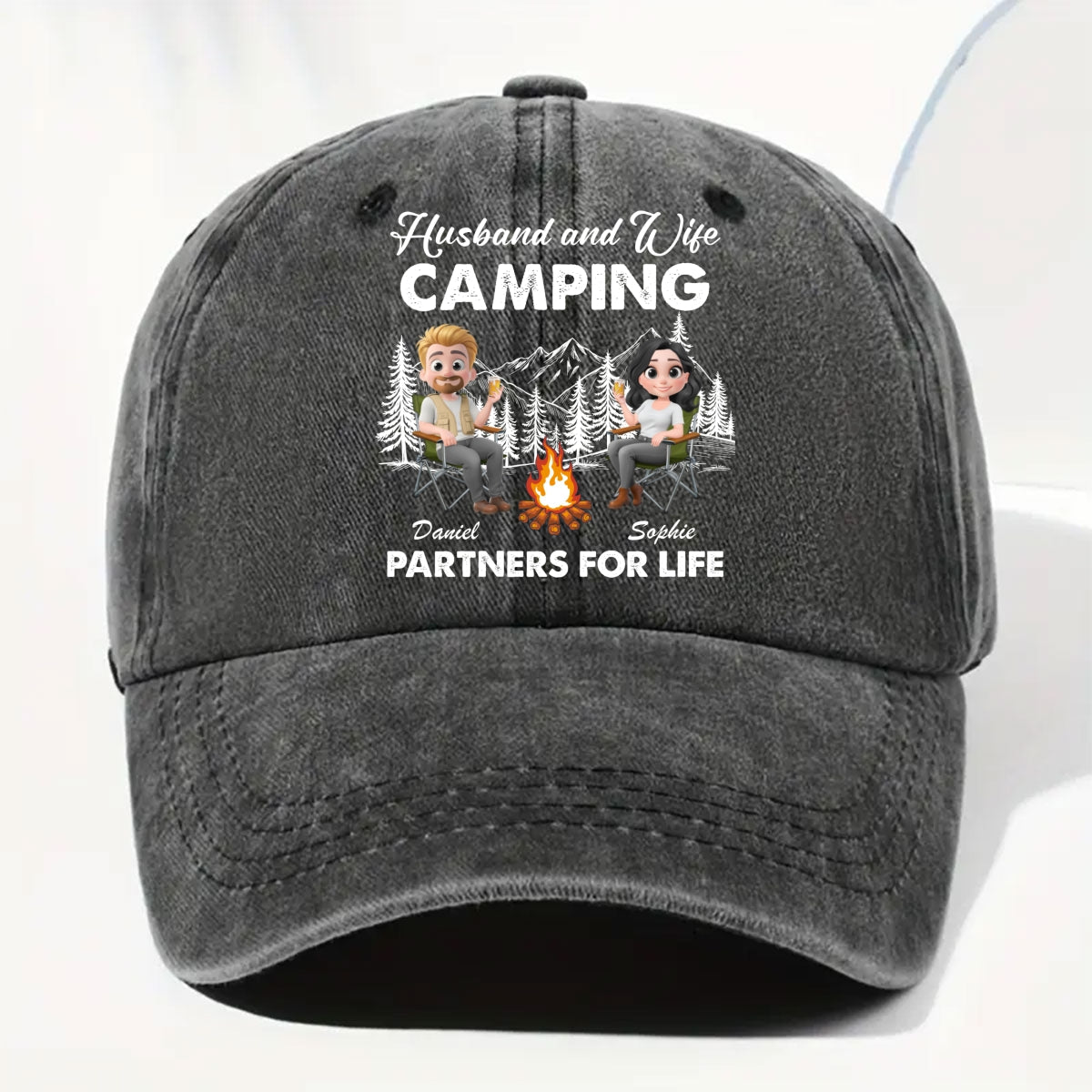 Husband And Wife Camping Life - Personalized Custom Vintage Washed Denim Cap