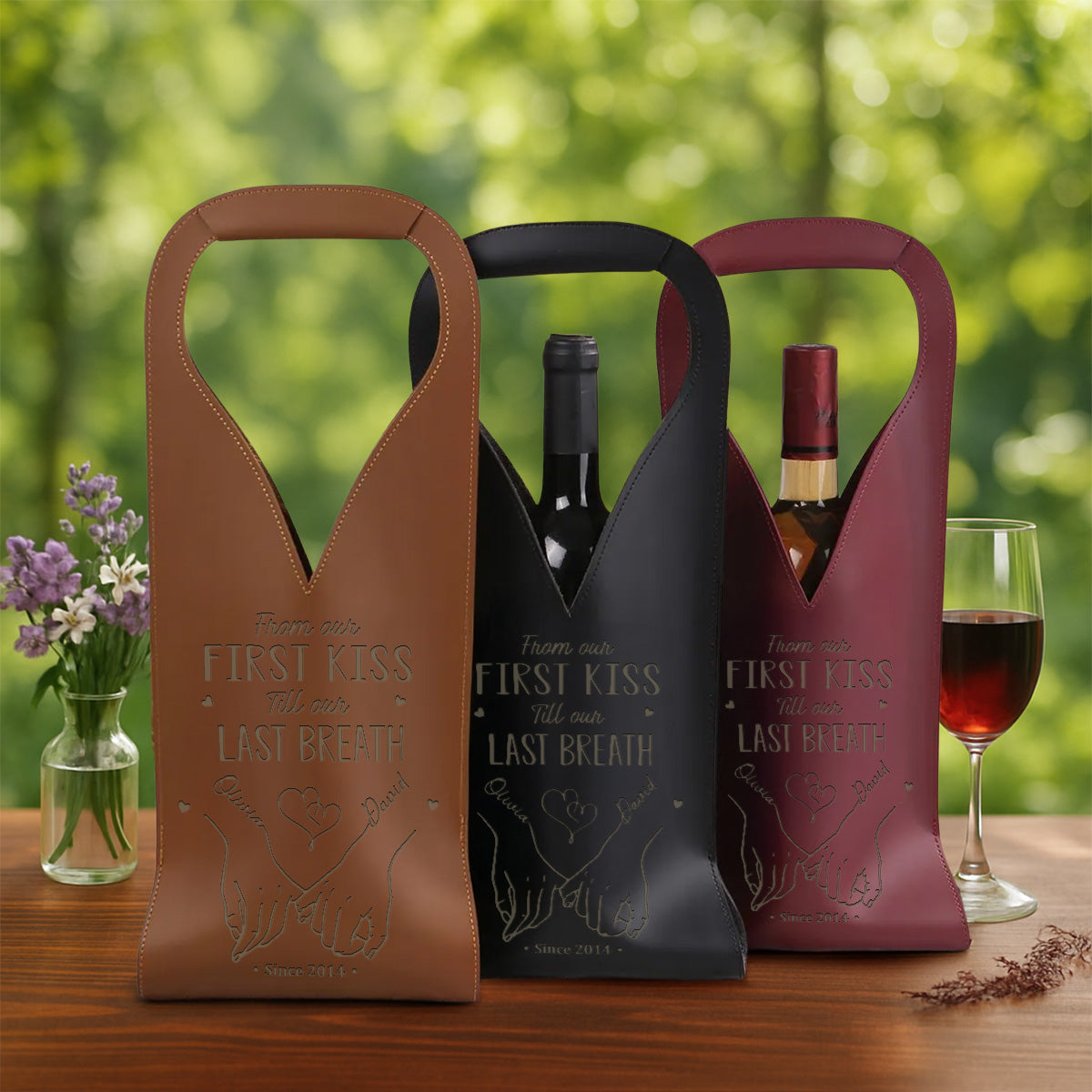 From Our First Kiss Till Our Last Breath - Personalized Custom Engraved Leather Wine Bag