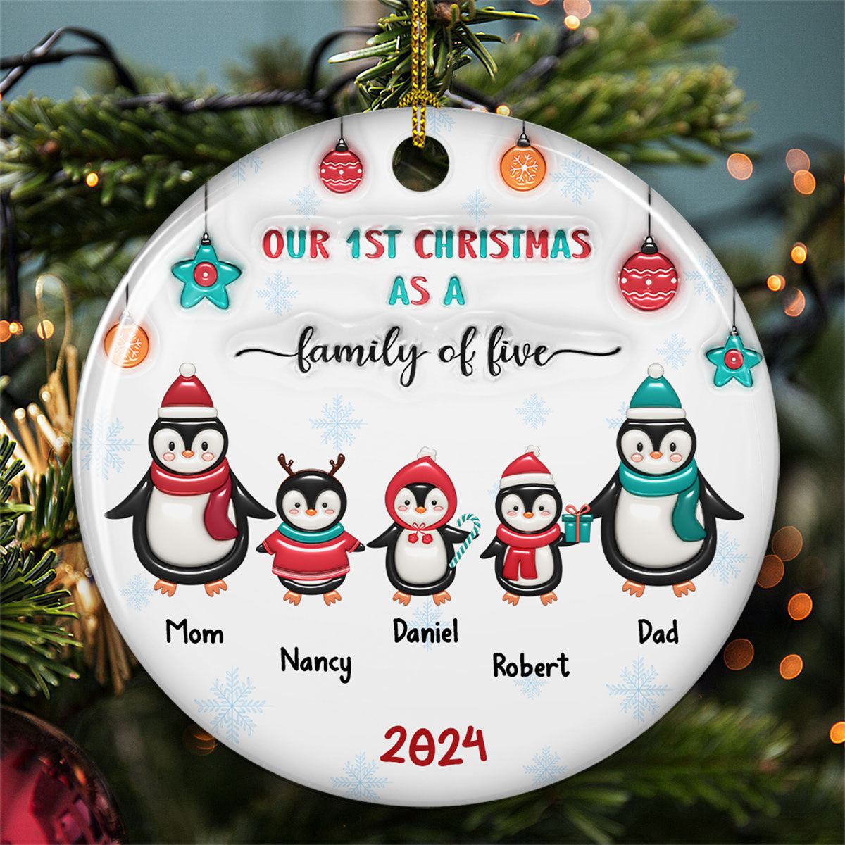 Penguin Family - Personalized Custom 3D Inflated Effect Ceramic Ornament