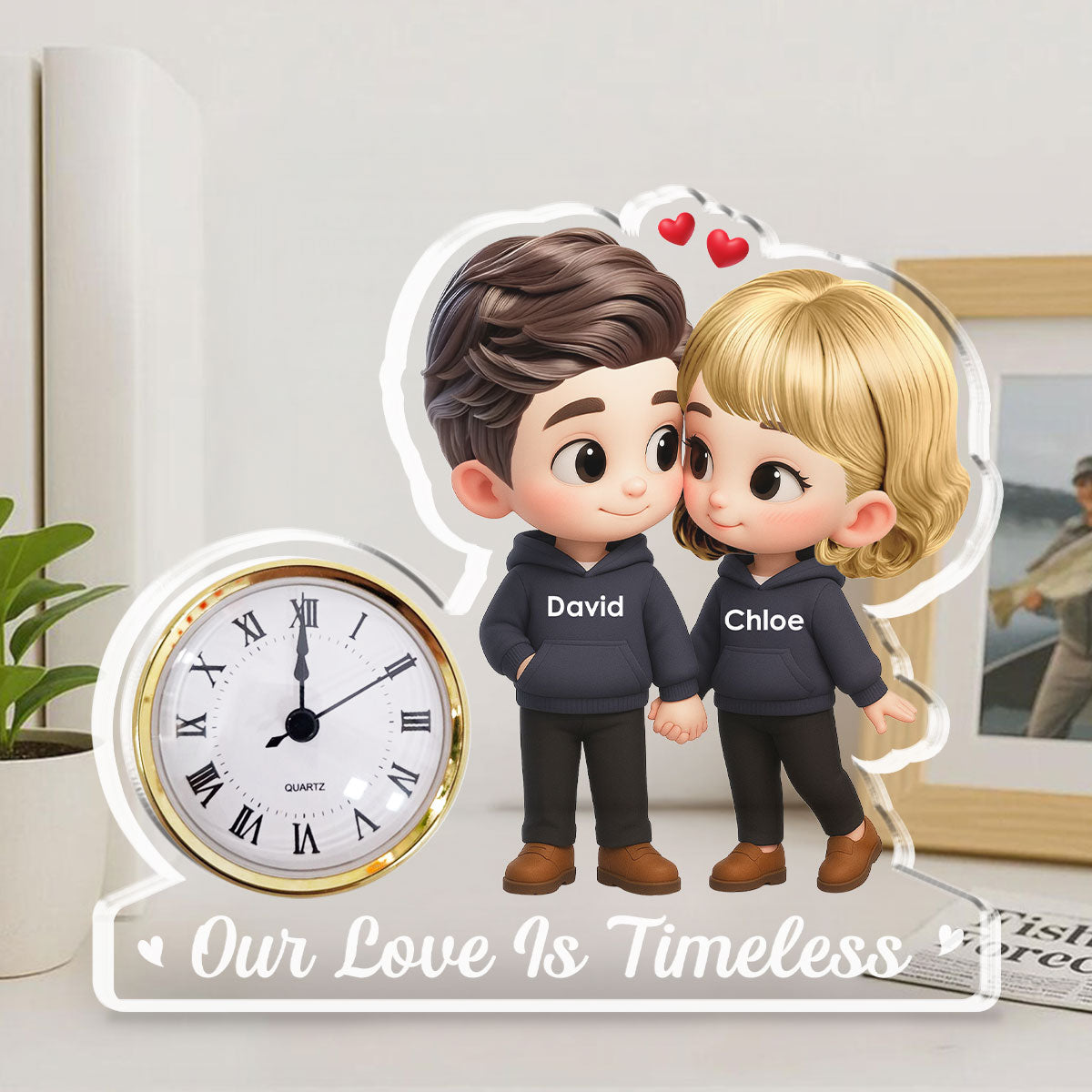 Cartoon Couple Holding Hands - Personalized Custom Acrylic Desk Clock Plaque