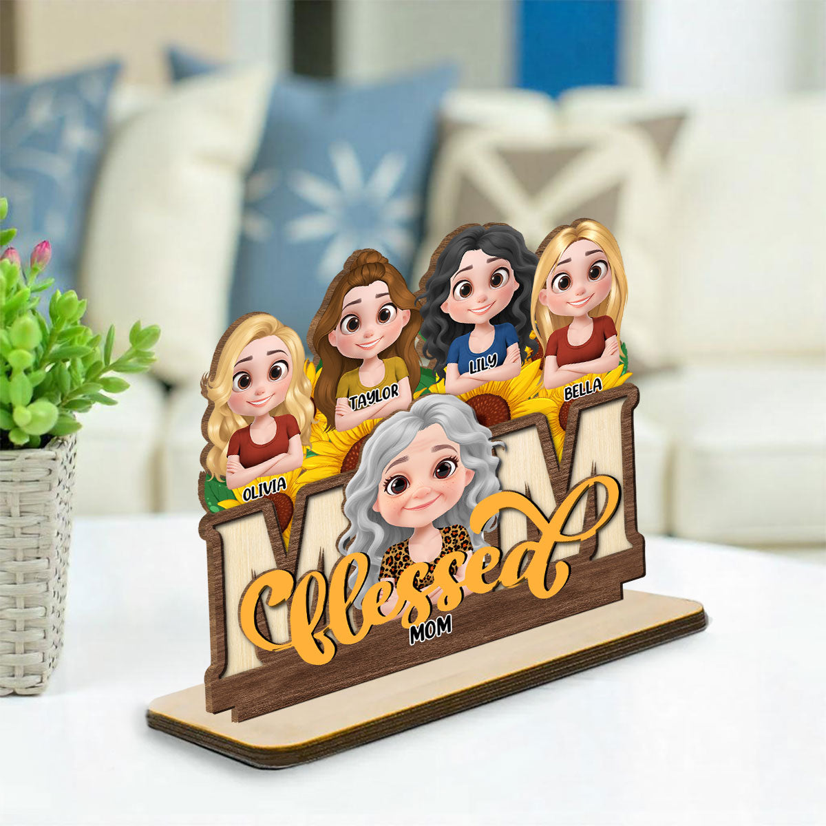 Blessed Mom - Personalized Custom 2-Layer Wood Plaque With Flat Base