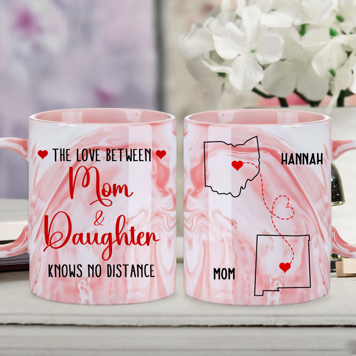 Knows No Distance - Personalized Custom Pink Marble Mug