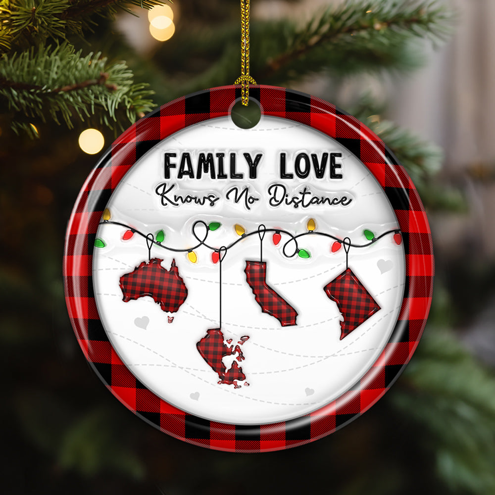 Family Love Know No Distance Red - Personalized Custom 3D Effect Ceramic Ornament