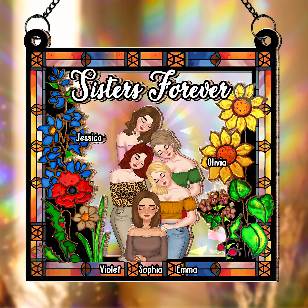 Besties Forever Floral Style - Personalized Custom Rainbow Suncatcher