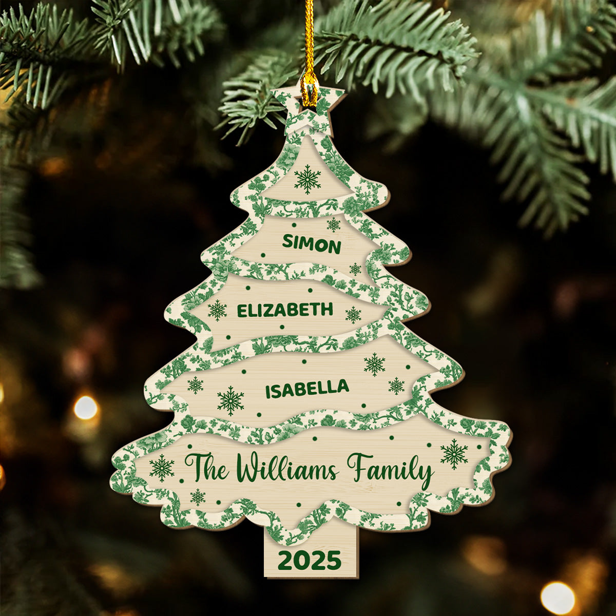 Family Names Christmas Tree Toile De Jouy - Personalized Custom Wood Ornament