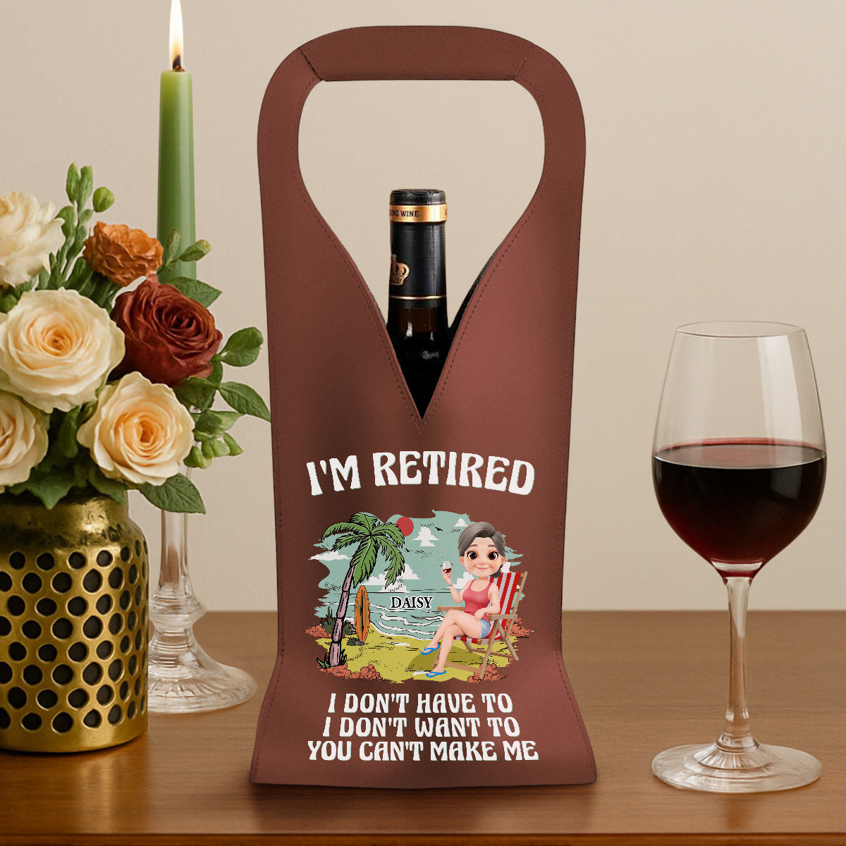 I Am Retired - Personalized Custom Leather Wine Bag