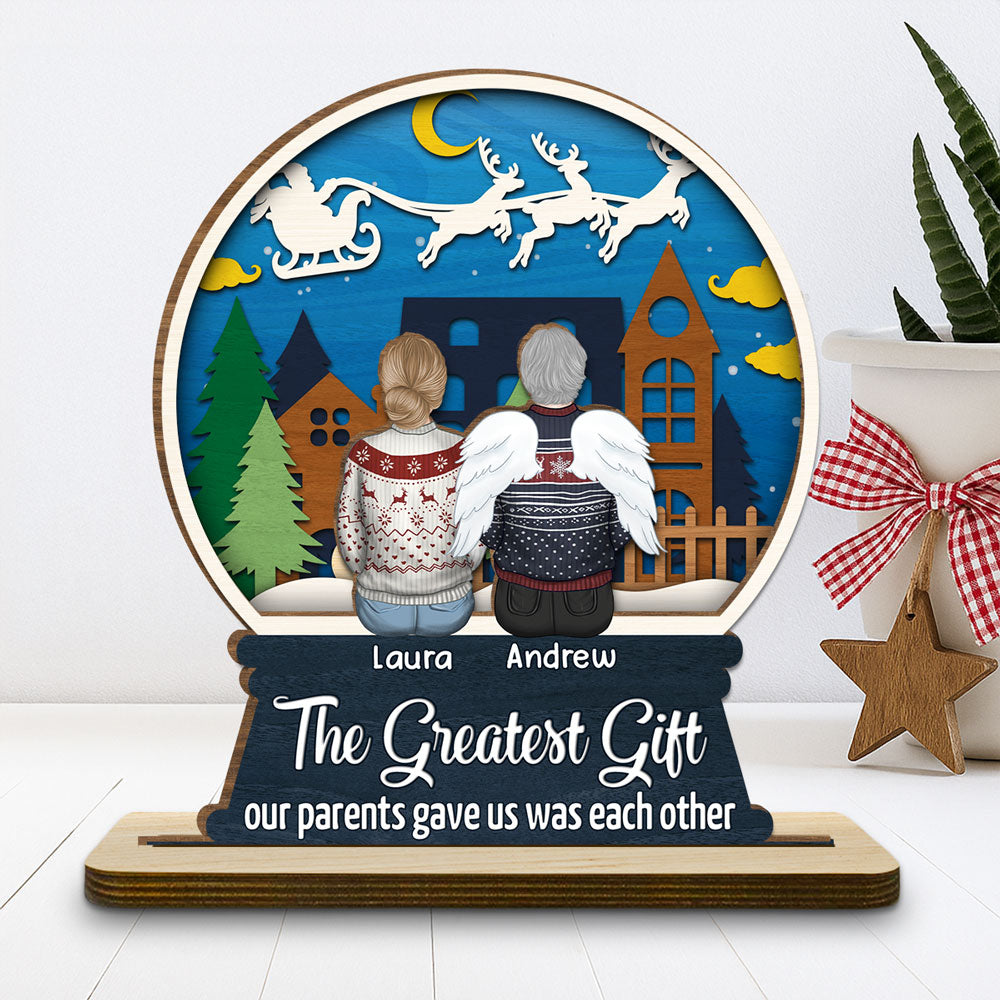 Sibling Snowglobe - Personalized Custom 2-Layer Wood Plaque With Flat Base