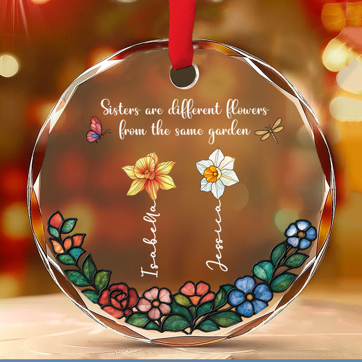 Sisters Shine In One Garden - Personalized Custom Glass Ornament