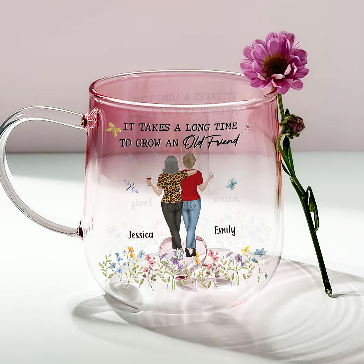 It Takes A Long Time To Grow An Old Friend - Personalized Custom Pink Gradient Glass Mug