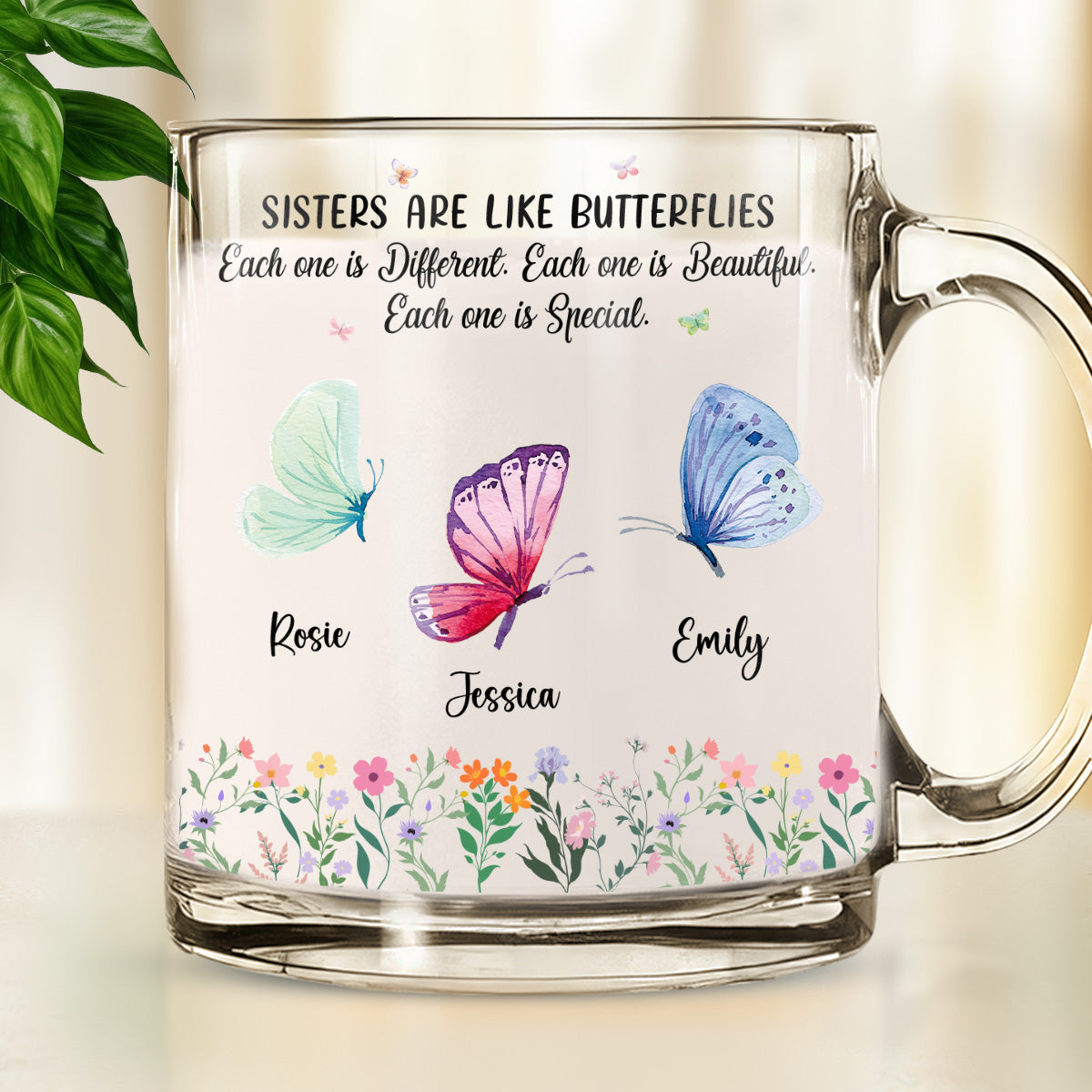 Sisters Flutter Through Life Beautifully - Personalized Custom Glass Mug