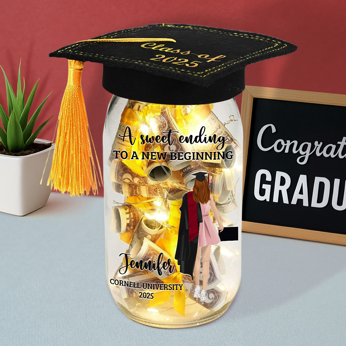 A Sweet Ending To A New Beginning - Personalized Custom Graduation Mason Jar Light