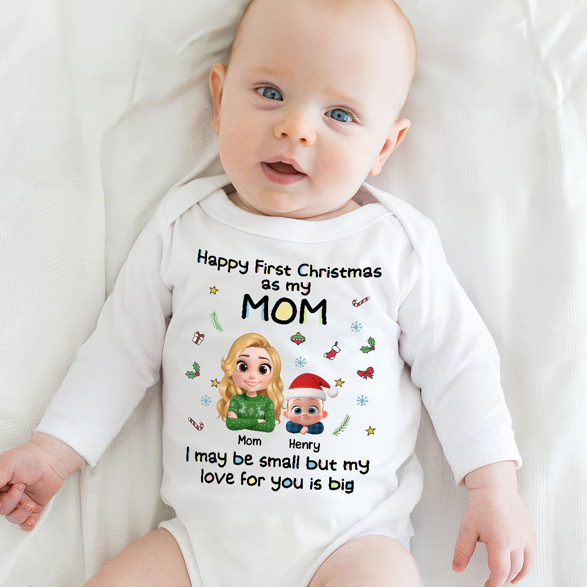First Christmas With Mom -  Personalized Custom Long Sleeve Baby Onesie