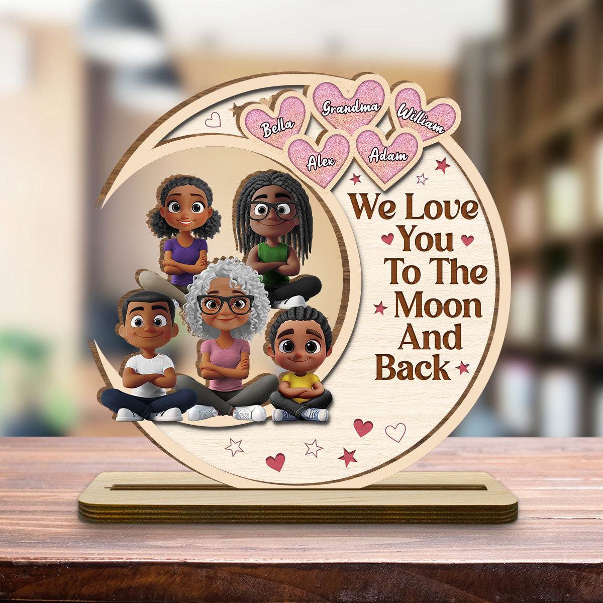 Grandma And Granddaughter Sitting In The Moon - Personalized Custom 2-Layer Wood Plaque With Flat Base