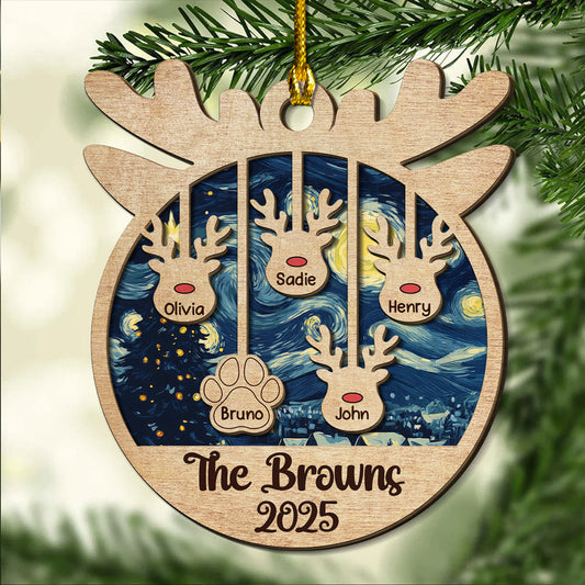 Reindeer Family Name - Personalized Custom 2-Layered Wood Ornament