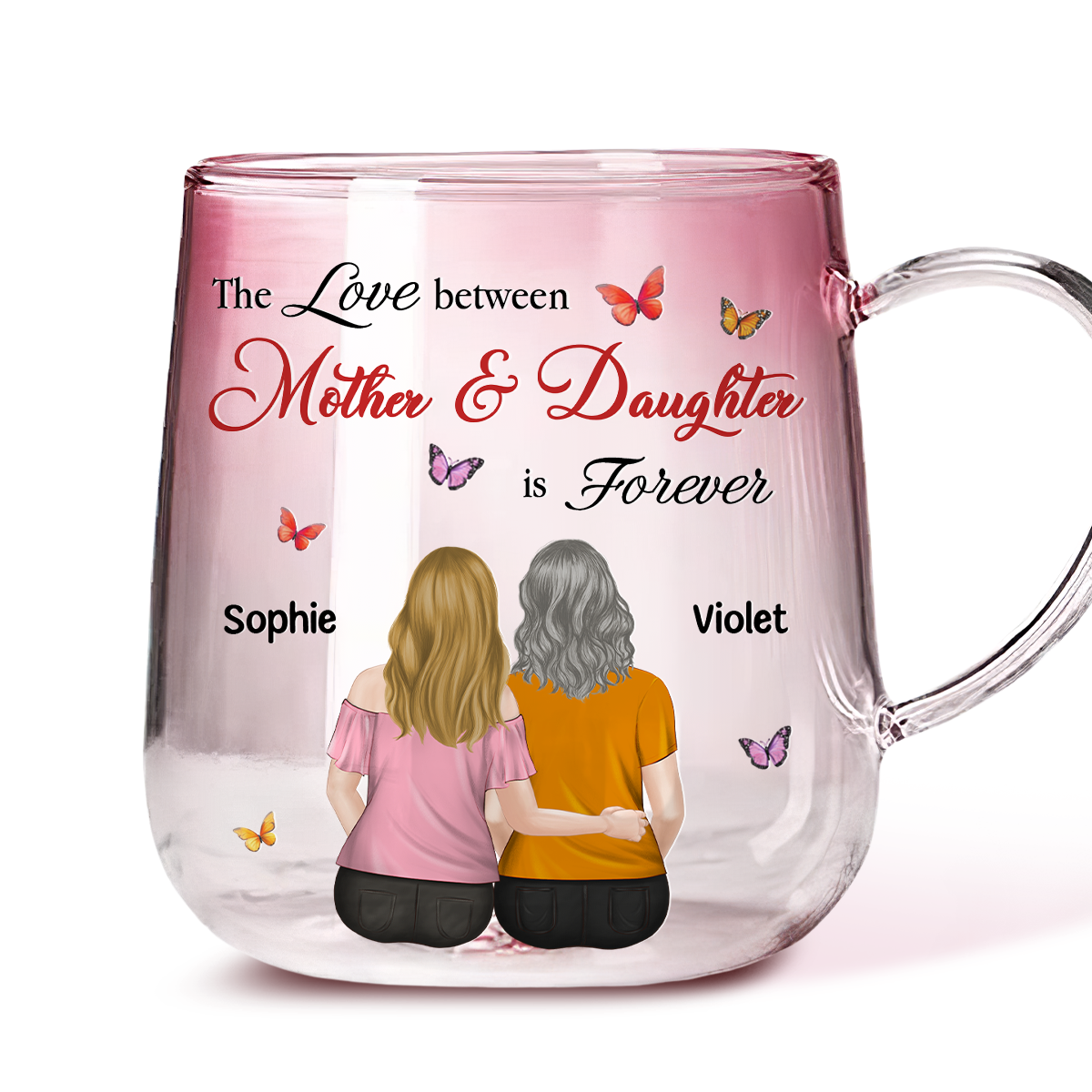 Mother And Daughter Love Forever - Personalized Custom Pink Gradient Glass Mug