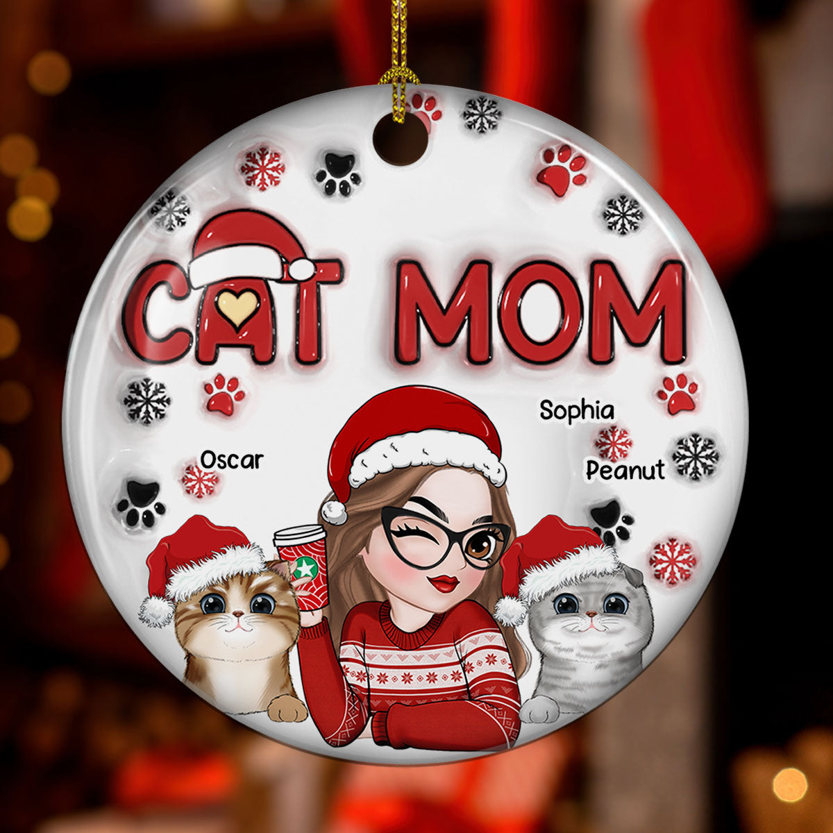 Cat Mom Christmas -  Personalized Custom 3D Inflated Effect Ceramic Ornament