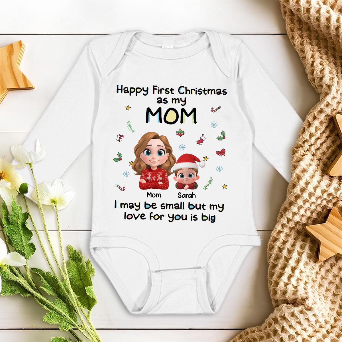 First Christmas With Mom -  Personalized Custom Long Sleeve Baby Onesie