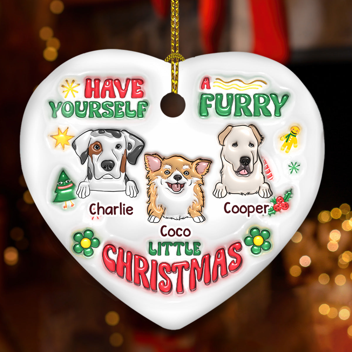 Have Yourself A Furry Little Christmas - Personalized Custom 3D Inflated Effect Heart Ceramic Ornament