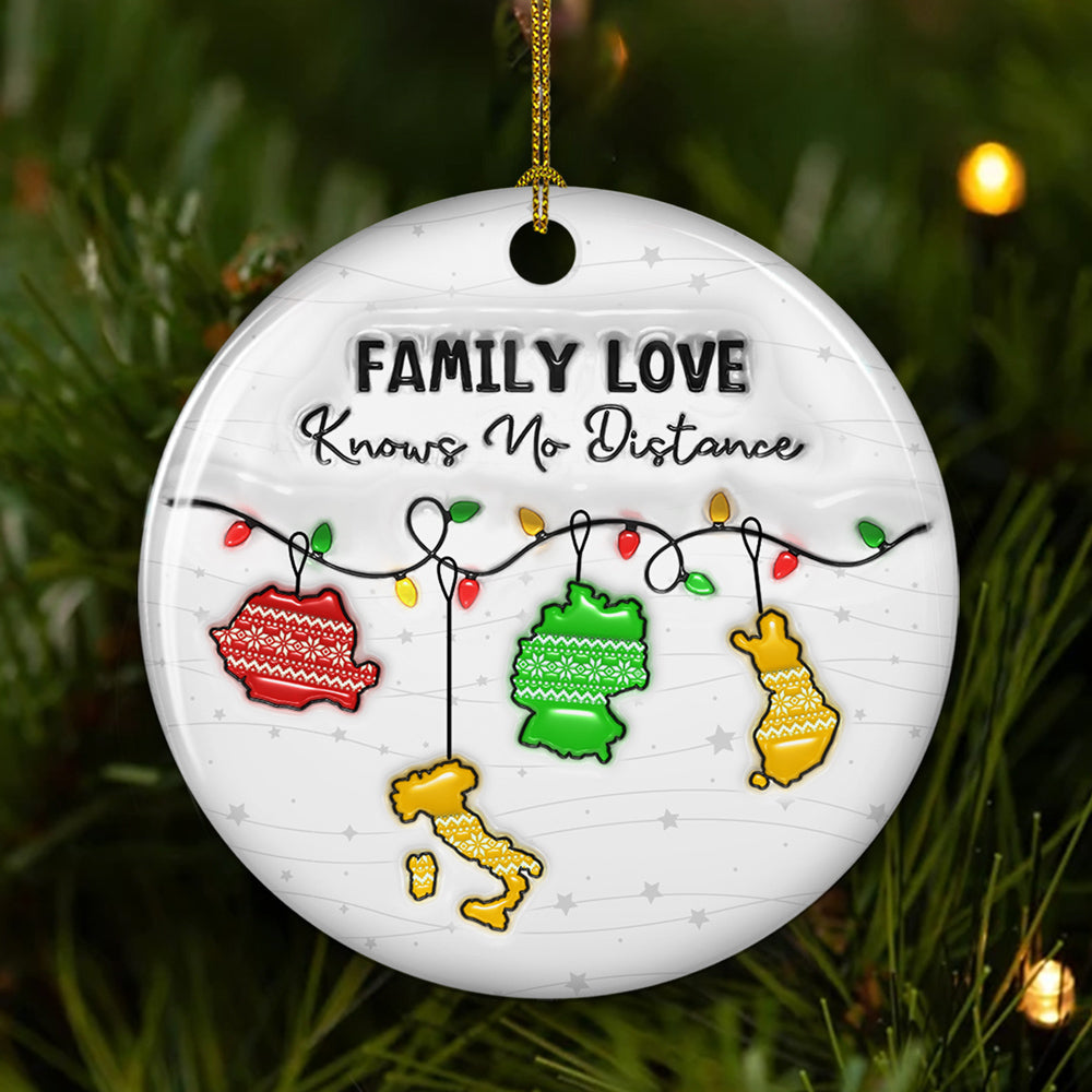 Family Love Knows No Distance EU Countries Version - Personalized Custom 3D Inflated Effect Ceramic Ornament