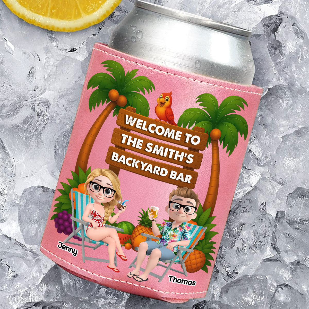 Welcome To Our Tiki Bar - Personalized Custom Pink Leather Can Cooler Holder
