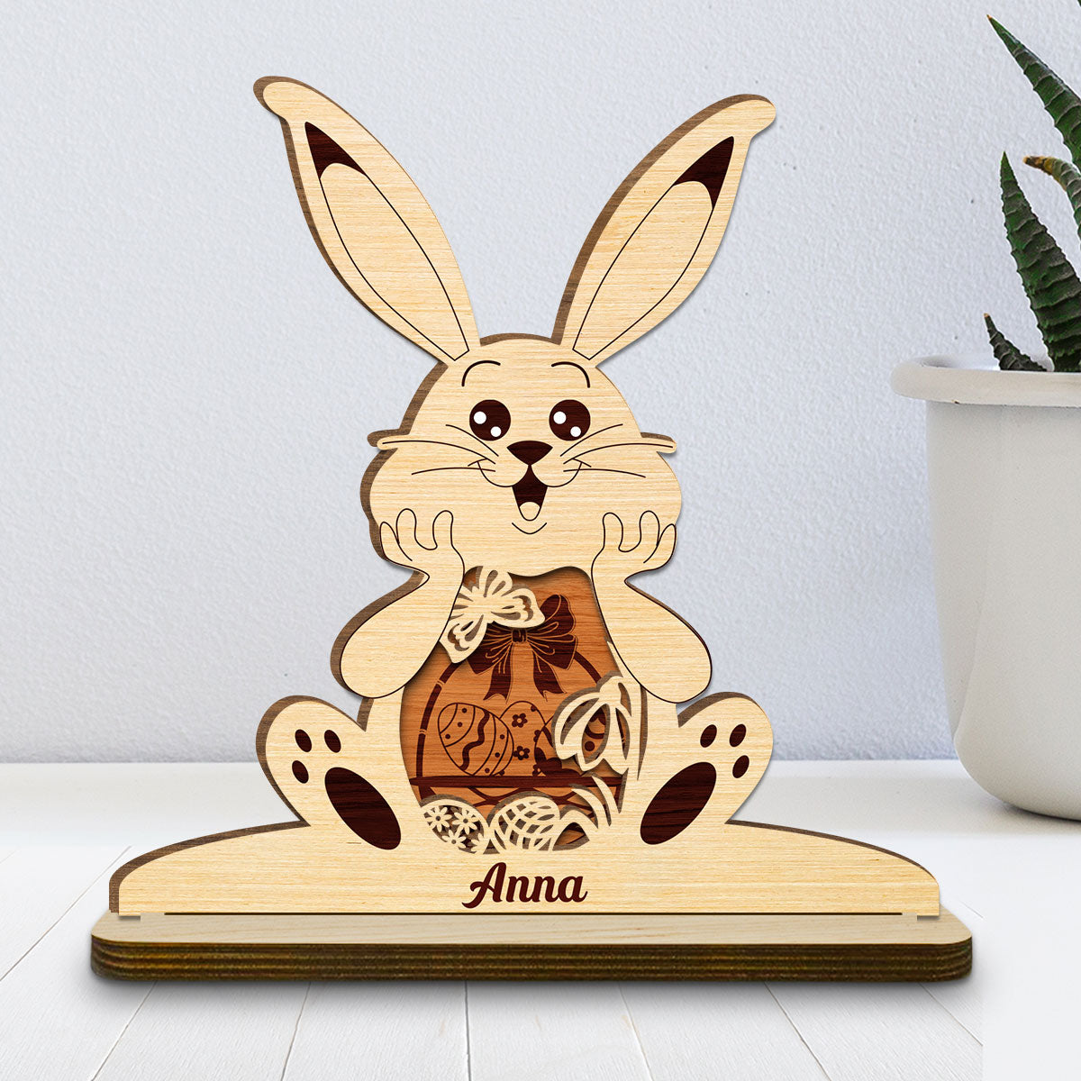 Bunny Bliss Celebration - Personalized Custom 2-Layer Wood Plaque With Flat Base