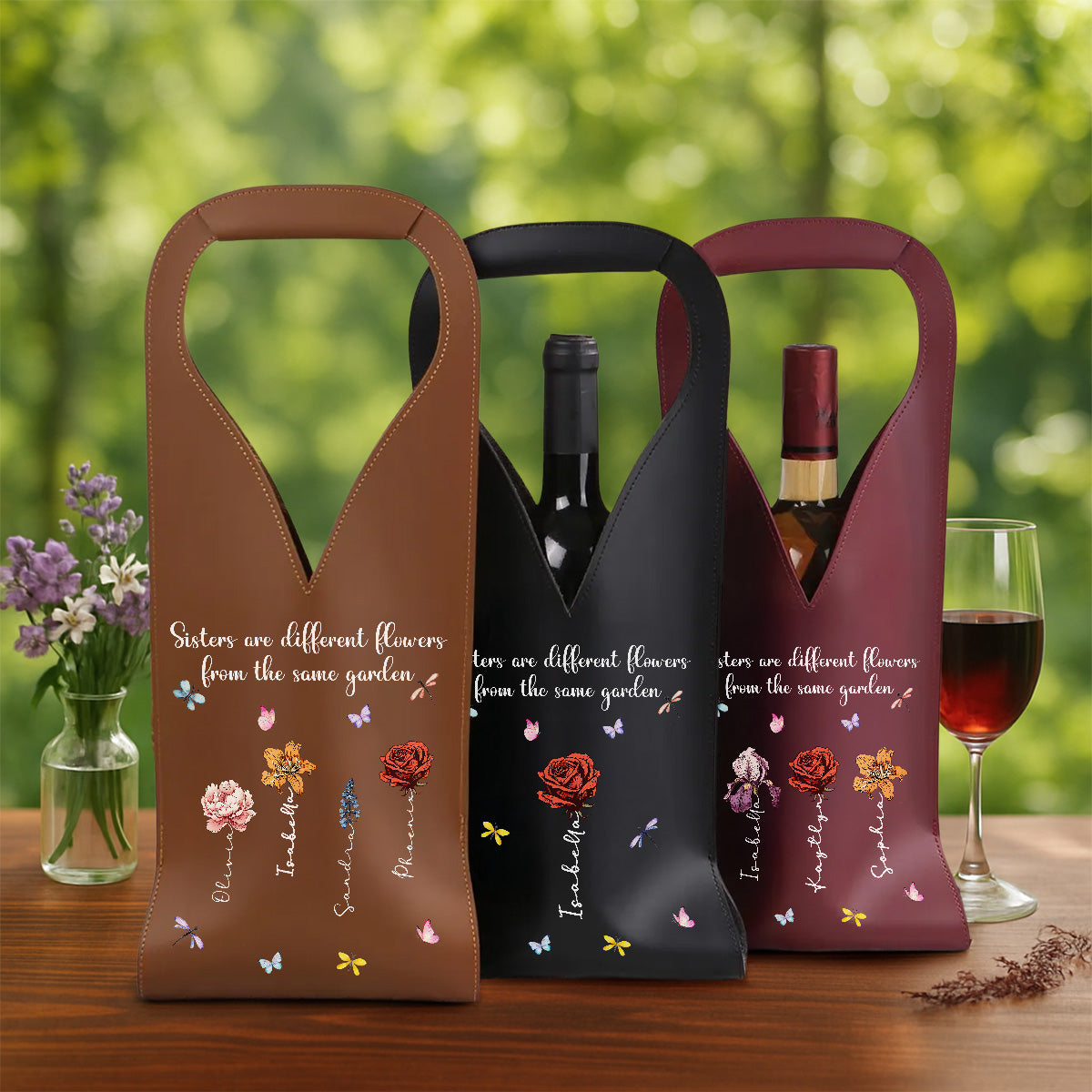 Sisters Are Different Flowers - Personalized Custom Leather Wine Bag